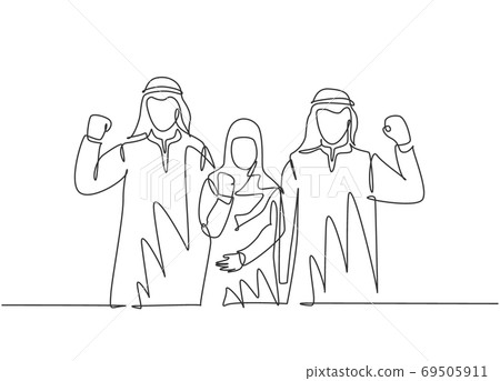 One single line drawing of young happy male and female muslim employees raising hands to celebrate job promotion 69505911