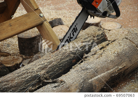 SERDANG, MALAYSIA -SEPTEMBER 30, 2017: Mechanical powered chain saw used to cut timber. Control manually by men. SERDANG, MALAYSIA -SEPTEMBER 30, 2017: Mechanical powered chain saw used to cut timber. Control manually by men. 69507063
