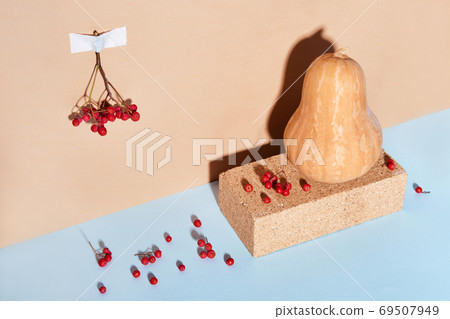 Brick podium, pumpkin and rowan berries. Modern autumn composition with hard shadows. Isometric view Brick podium, pumpkin and rowan berries. Modern autumn composition with hard shadows. Isometric view 69507949