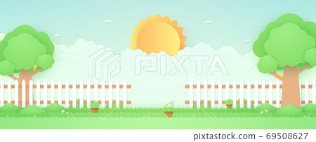 Spring Time, landscape, garden with trees, plant pots, beautiful flowers on grass and fence, bird on the branch, bright sun and cloud, paper art style Spring Time, landscape, garden with trees, plant pots, beautiful flowers on grass and fence, bird on the branch, bright sun and cloud, paper art style 69508627