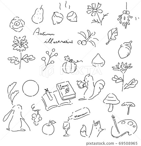 可愛的手繪秋季材料設置線條圖黑色 69508965