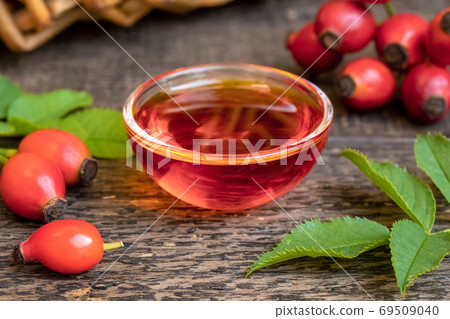 Rose hip seed oil in a bowl with fresh rose hips Rose hip seed oil in a bowl with fresh rose hips 69509040
