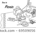 Picnic time with picnic basket, coffee, tea, drink and dessert. Contour line hand drawn sketch. Vector cartoon illustration clipart. 69509056