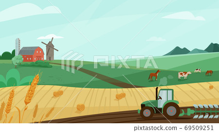Farm landscape vector illustration with green-插圖素材