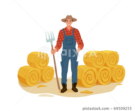 Farmer man character work with pitchfork and... - Stock Illustration ...