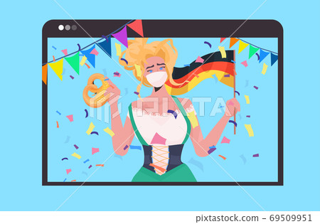 woman in mask salty pretzel and flag Oktoberfest party festival celebration self isolation coronavirus pandemic woman in mask salty pretzel and flag Oktoberfest party festival celebration self isolation coronavirus pandemic 69509951