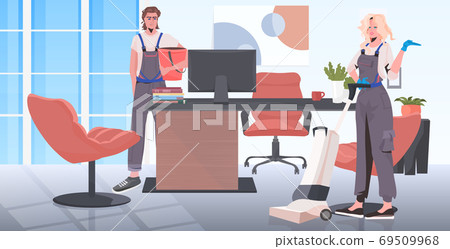 cleaners in uniform cleaning and disinfecting floor to prevent coronavirus pandemic 69509968