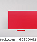 Small gold round podium with red plate on a white background. 3d realistic minimal vector illustration. Stage for marketing display, cosmetic show. 69510062