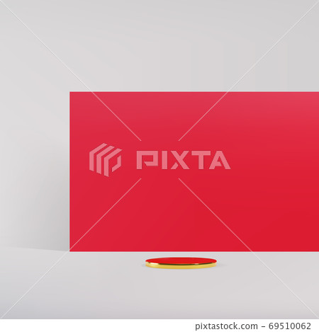 Small gold round podium with red plate on a white background. 3d realistic minimal vector illustration. Stage for marketing display, cosmetic show. Small gold round podium with red plate on a white background. 3d realistic minimal vector illustration. Stage for marketing display, cosmetic show. 69510062