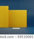 Small white circle podium with yellow plates in back, on a classic blue background. 3d rendering vector illustration for marketing product display, cosmetic show in studio on stage. 69510065