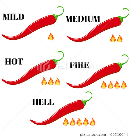 Red chilli pepper with hot rate fire flame icon vector set isolated on white background. 69510644