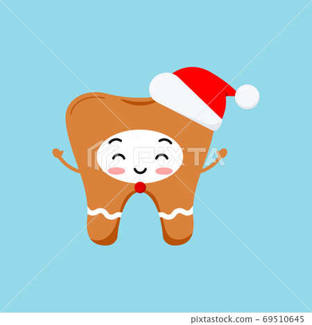 Cute Christmas tooth in gingerbread costume with red santa hat icon in flat cartoon style isolated on background. 69510645