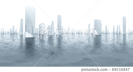 abstract 3d model render illustration vr hdr style equirectangular panorama of place in a city with skyscrapers and sky 69510847