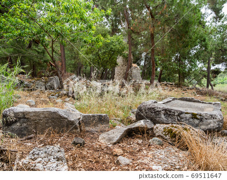 Ruins of Phaselis, Greek and Roman city on the coast of ancient Lycia. Architectural landmark near modern town Tekirova in the Kemer district of Antalya Province in Turkey. 69511647