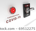 Covid-19 toggle switch on. Concept of the remote control of the coronavirus. Virus tumbler switch on white panel. Concept of artificial origin of the 2019-nCoV. Conspiracy theory. 3d rendering 69512275