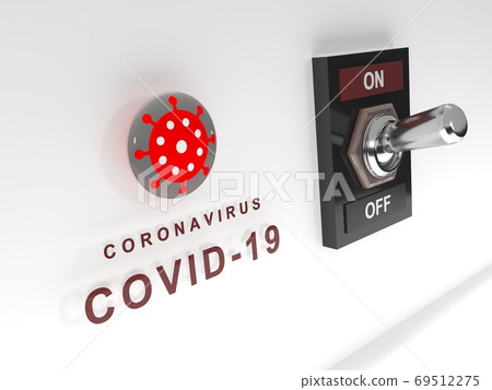 Covid-19 toggle switch on. Concept of the remote control of the coronavirus. Virus tumbler switch on white panel. Concept of artificial origin of the 2019-nCoV. Conspiracy theory. 3d rendering 69512275