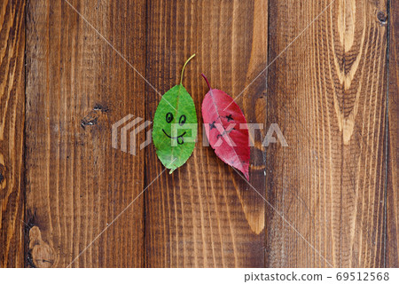 Green and red fallen leaves with a symbols of happy and sad faces on the wooden background. Green and red fallen leaves with a symbols of happy and sad faces on the wooden background. 69512568