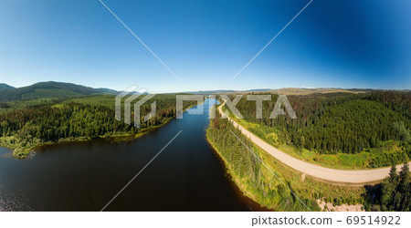 Scenic Panoramic Lake View of Curvy Road in Canadian Nature 69514922