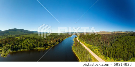 Scenic Panoramic Lake View of Curvy Road in Canadian Nature 69514923