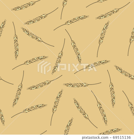 Endless wheat pattern on beige, yellow natural background 69515136