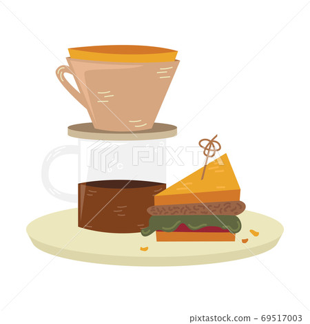 Flat vector kalita with sandwich on the table. Alternative methods of brewing coffee. Coffee culture. 69517003