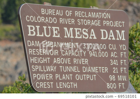 The statistical sign for Blue Mesa Dam at the Colorado River Storage Project in Curecanti National Recreation Area in Colorado 69518101