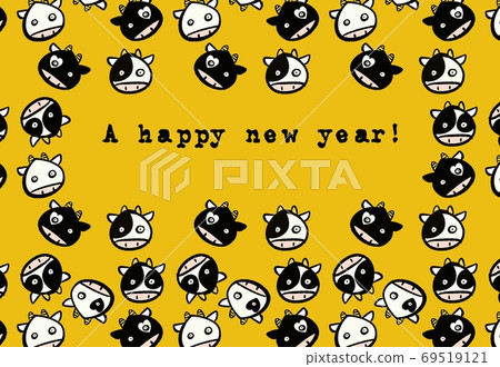 新年賀卡,側面,黃色的可愛的母牛父母和孩子的臉 新年賀卡,側面,黃色的可愛的母牛父母和孩子的臉 69519121