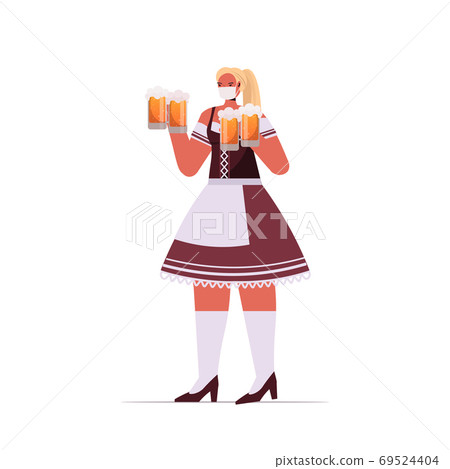 woman in medical mask holding beer mugs Oktoberfest party celebration coronavirus quarantine concept 69524404