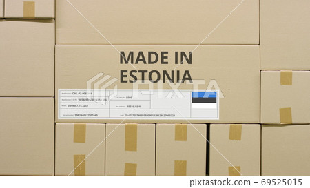 MADE IN ESTONIA text and flag label on the carton in a storage MADE IN ESTONIA text and flag label on the carton in a storage 69525015