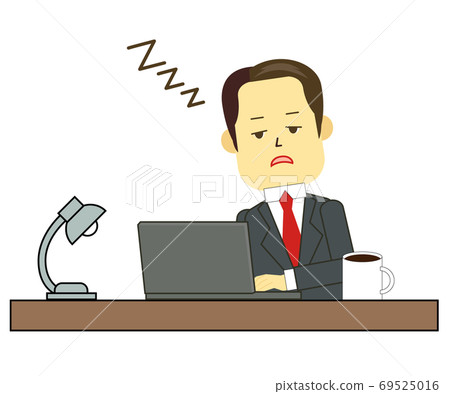 A man in a suit sleeping while working on a computer A man in a suit sleeping while working on a computer 69525016