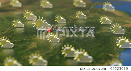 Partly cloudy weather icons near Nanchang city on the map, weather forecast related 3D rendering Partly cloudy weather icons near Nanchang city on the map, weather forecast related 3D rendering 69525019