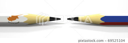 Two pencils with flags of Cyprus and Russia, political conflict related 3d rendering 69525104