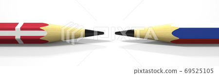 Pencils with flags of Denmark and Russia. Political conflict concept. 3d rendering 69525105