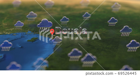 Rainy weather icons near Douala city on the map, weather forecast related 3D rendering 69526445