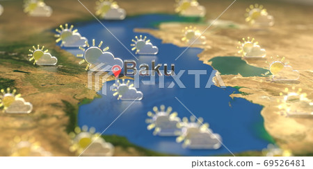 Baku city and partly cloudy weather icon on the map, weather forecast related 3D rendering Baku city and partly cloudy weather icon on the map, weather forecast related 3D rendering 69526481