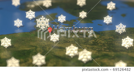 Hamburg city and snowy weather icon on the map, weather forecast related 3D rendering Hamburg city and snowy weather icon on the map, weather forecast related 3D rendering 69526482