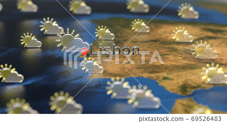 Lisbon city and partly cloudy weather icon on the map, weather forecast related 3D rendering Lisbon city and partly cloudy weather icon on the map, weather forecast related 3D rendering 69526483