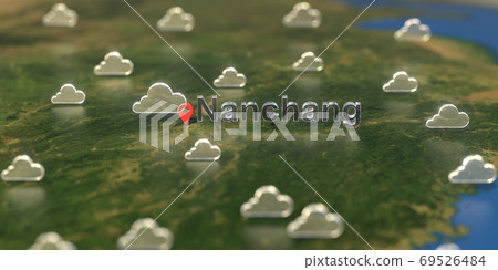 Cloudy weather icons near Nanchang city on the map, weather forecast related 3D rendering Cloudy weather icons near Nanchang city on the map, weather forecast related 3D rendering 69526484