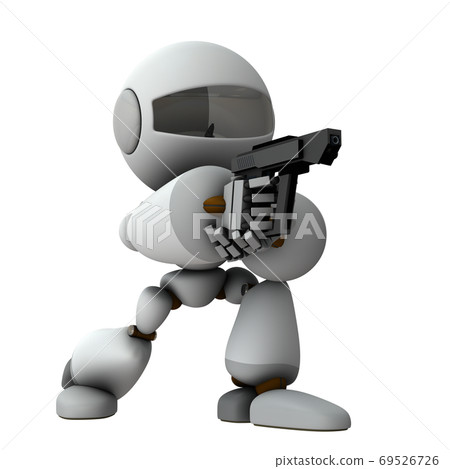 拿著在常設膝蓋的一個人工智能機器人一杆槍。 3D渲染。 拿著在常設膝蓋的一個人工智能機器人一杆槍。 3D渲染。 69526726