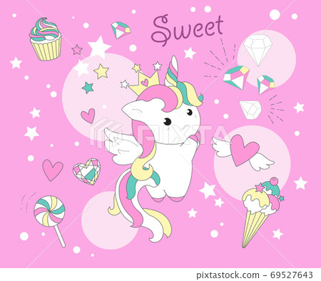 Cute Unicorn princess cartoon pony child vector, Kawaii animal character, Nursery Fairy tales magic. For greeting card, Print t shirt, fashion art. Cute Unicorn princess cartoon pony child vector, Kawaii animal character, Nursery Fairy tales magic. For greeting card, Print t shirt, fashion art. 69527643