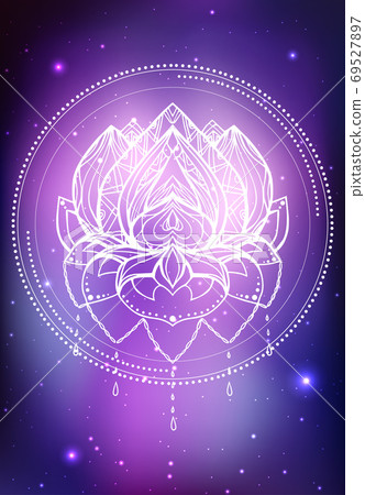 Vector neon illustration of lotus with boho pattern, background space with stars and nebula. 69527897