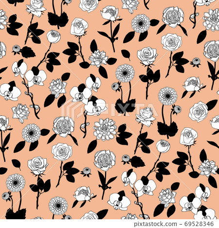 Black and white floral seamless pattern with hand drawn flowers on pink background. Stock vector 69528346