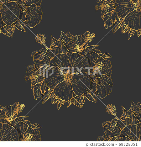 Golden floral seamless pattern with hand drawn hibiscus flowers on black background. Stock vector Golden floral seamless pattern with hand drawn hibiscus flowers on black background. Stock vector 69528351