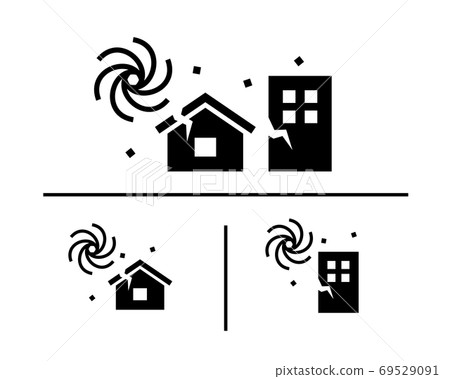 颱風，龍捲風和陣風圖標集/建築物/房屋/強風/暴風雨/自然災害/大雨/大雨/天氣/漩渦/破壞/ 69529091