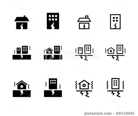 Set of earthquake icons / illustration / crack / damage / disaster / crack / shaking / house / building / building / 69529092