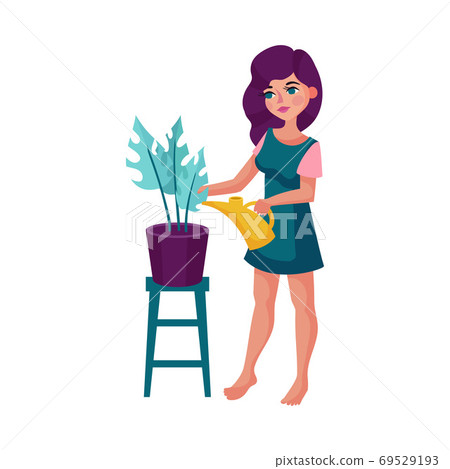 Young Woman Standing and Watering Flower in Flowerpot Vector Illustration 69529193