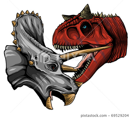 Vector tracing of dinosaur Tyrannosaurus is fighting Triceratops in watercolor style 69529204