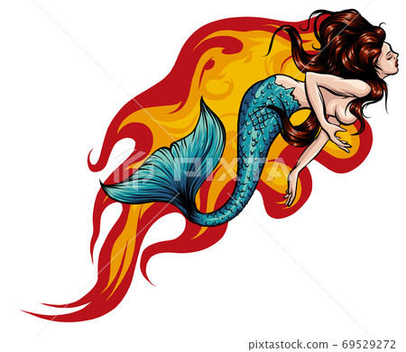 Fantasy sea sirens with flames in cartoon style. Vector illustration. 69529272