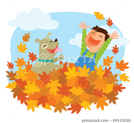 Kid playing with autumn leaves outside. Little boy and his dog jumping happily in a pile of autumn leaves during fall. 69529580