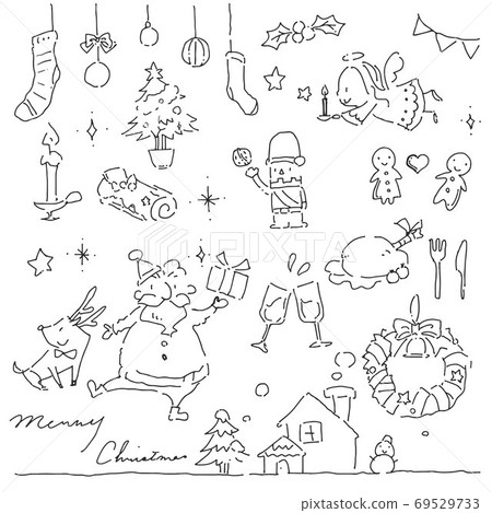 Christmas illustration set of hand-drawn line art, black line only 69529733